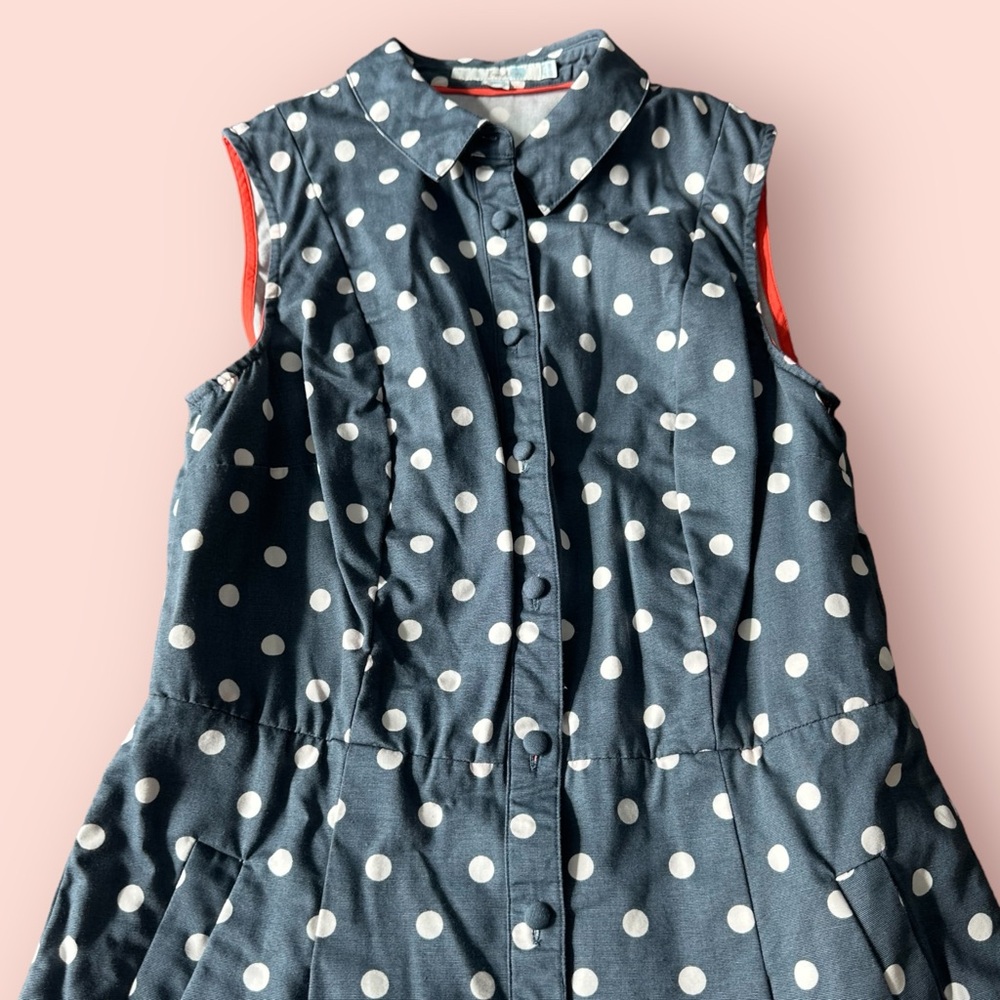 Woman’s Boden Blue Polka Dot Print Tank Top Collar Button Front Dress Size 12 - Picture 12 of 15